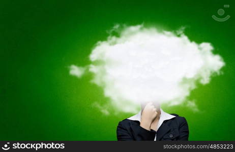 Businesswoman standing with his head in cloud. Floating in sky