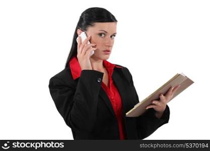 businesswoman talking on her cell and looking at her agenda