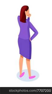 Businesswoman thinking, standing back, thoughtful woman wearing office jacket and skirt, cartoon character in flat style, office worker analysing info, isolated employee avatar, manager, consultant. Businesswoman thinking, faceless thoughtful woman wearing office jacket and skirt analysing info