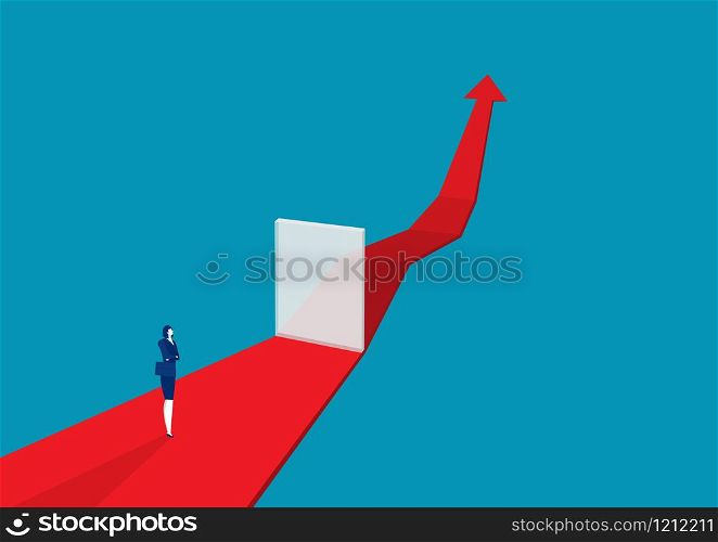 businesswoman thinking through glass wall on red arrow.vector illustrator