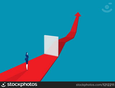 businesswoman thinking through glass wall on red arrow.vector illustrator