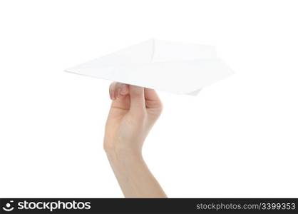 Businesswoman throwing white paper plane. Isolated on white background