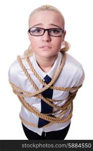 Businesswoman tied up with rope isolated on white