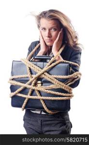 Businesswoman tied with rope on white