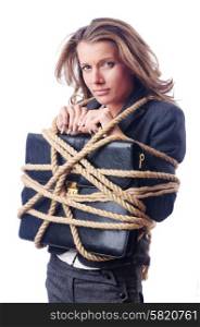 Businesswoman tied with rope on white