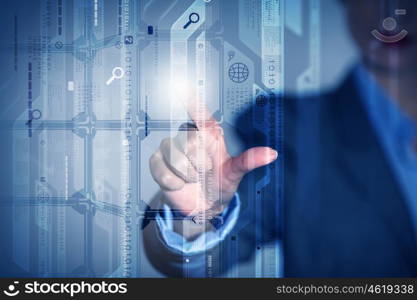 Businesswoman touching icon. Close up of businesswoman hand pushing icon on media screen