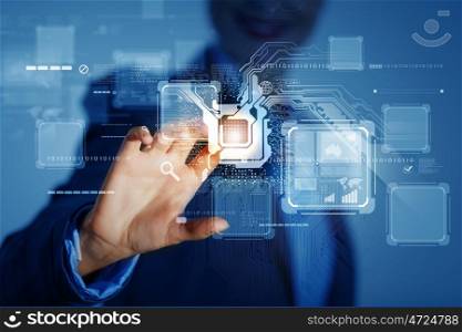 Businesswoman touching icon. Close up of businesswoman hand pushing icon on media screen