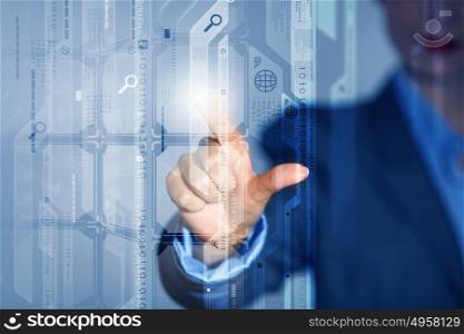 Businesswoman touching icon. Close up of businesswoman hand pushing icon on media screen