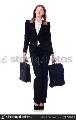 Businesswoman travelling isolated on white