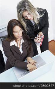 Businesswoman using a laptop with another businesswoman writing on a notepad