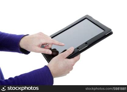 businesswoman using a tablet pc, close up shot, isolated