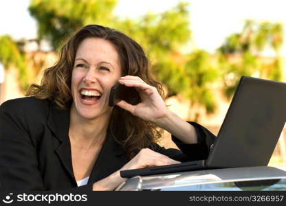 Businesswoman using laptop while talking on mobile phone