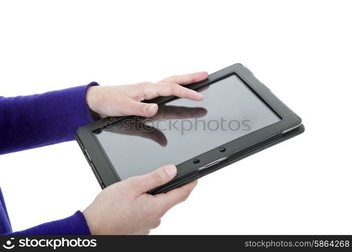 businesswoman using touch pad, close up shot on tablet pc, isolated