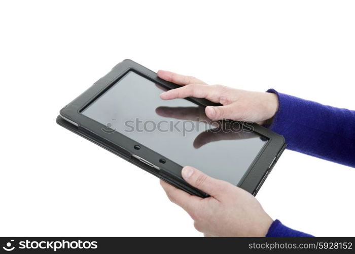 businesswoman using touch pad, close up shot on tablet pc, isolated