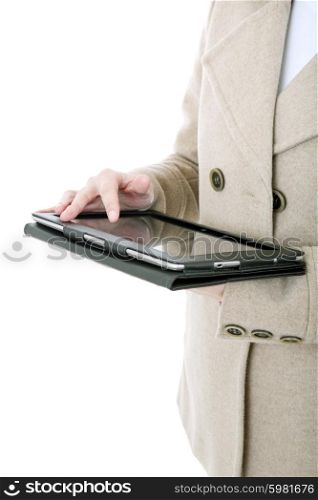 businesswoman using touch pad, close up shot on tablet pc, isolated