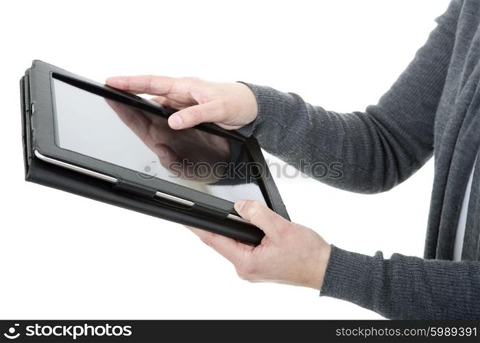 businesswoman using touch pad, close up shot on tablet pc, isolated