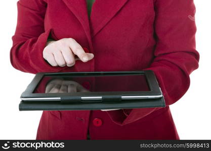 businesswoman using touch pad, close up shot on tablet pc, isolated