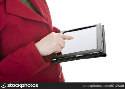 businesswoman using touch pad, close up shot on tablet pc, isolated