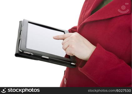 businesswoman using touch pad, close up shot on tablet pc, isolated