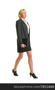 Businesswoman walking forward and holding her organizer, white isolated background.