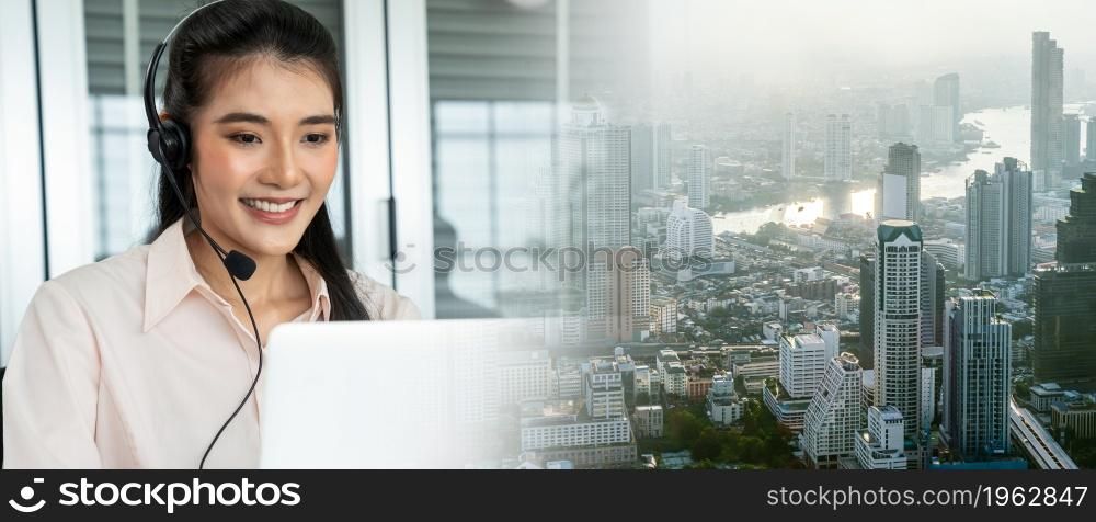 Businesswoman wearing headset working actively in office . Call center, telemarketing, customer support agent provide service on telephone video conference call.. C3