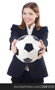 Businesswoman with ball on white