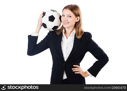 Businesswoman with ball on white