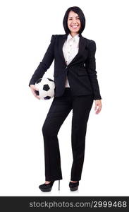 Businesswoman with ball on white