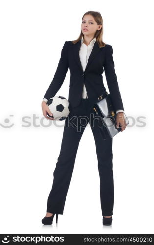 Businesswoman with ball on white