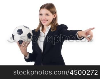 Businesswoman with ball on white