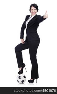 Businesswoman with ball on white