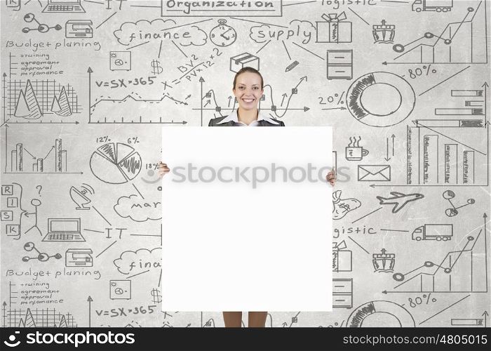 Businesswoman with banner. Pretty businesswoman with blank presentation board. Place your text
