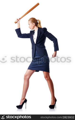 Businesswoman with baseball bat on white