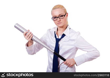 Businesswoman with baseball bat on white