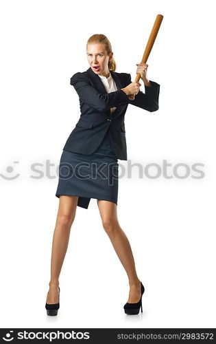 Businesswoman with baseball bat on white