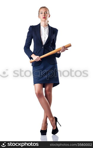 Businesswoman with baseball bat on white