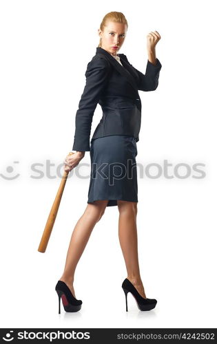 Businesswoman with baseball bat on white