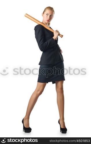 Businesswoman with baseball bat on white