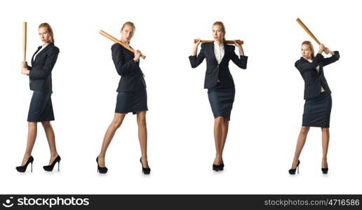 Businesswoman with baseball bat on white