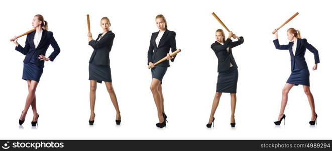 Businesswoman with baseball bat on white