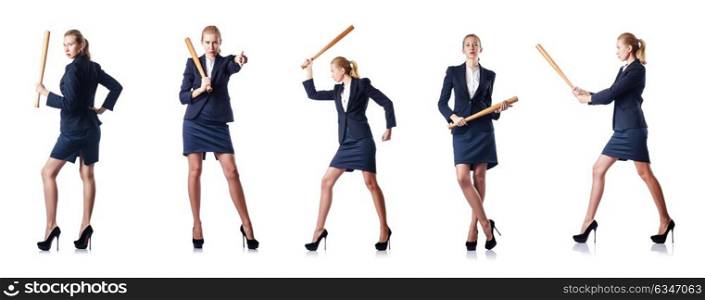 Businesswoman with baseball bat on white