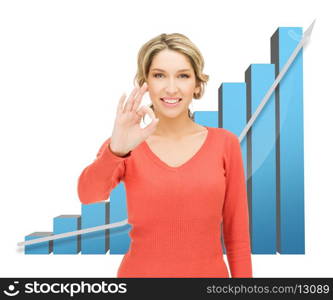 businesswoman with big 3d chart showing ok gesture