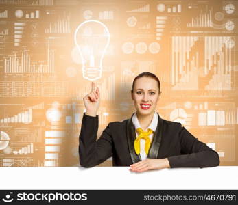 Businesswoman with blank banner. Young businesswoman holding white blank banner. Place for text