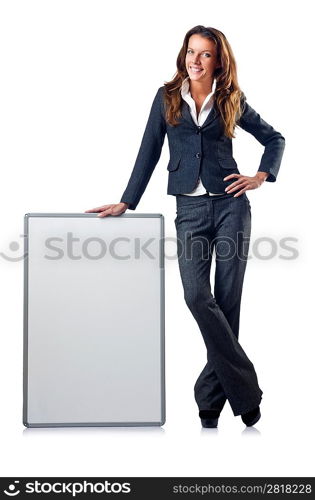 Businesswoman with blank board on white