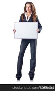 Businesswoman with blank board on white