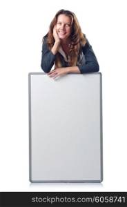 Businesswoman with blank board on white