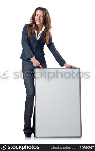 Businesswoman with blank board on white