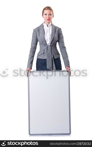 Businesswoman with board on white