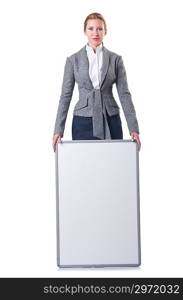 Businesswoman with board on white