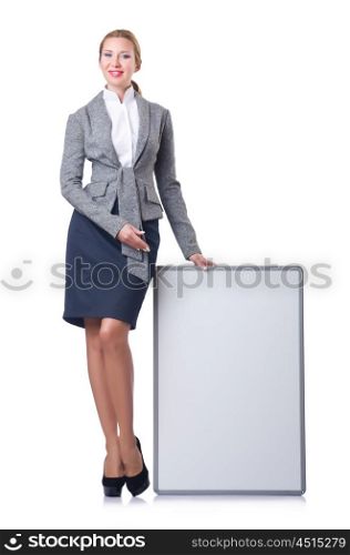 Businesswoman with board on white